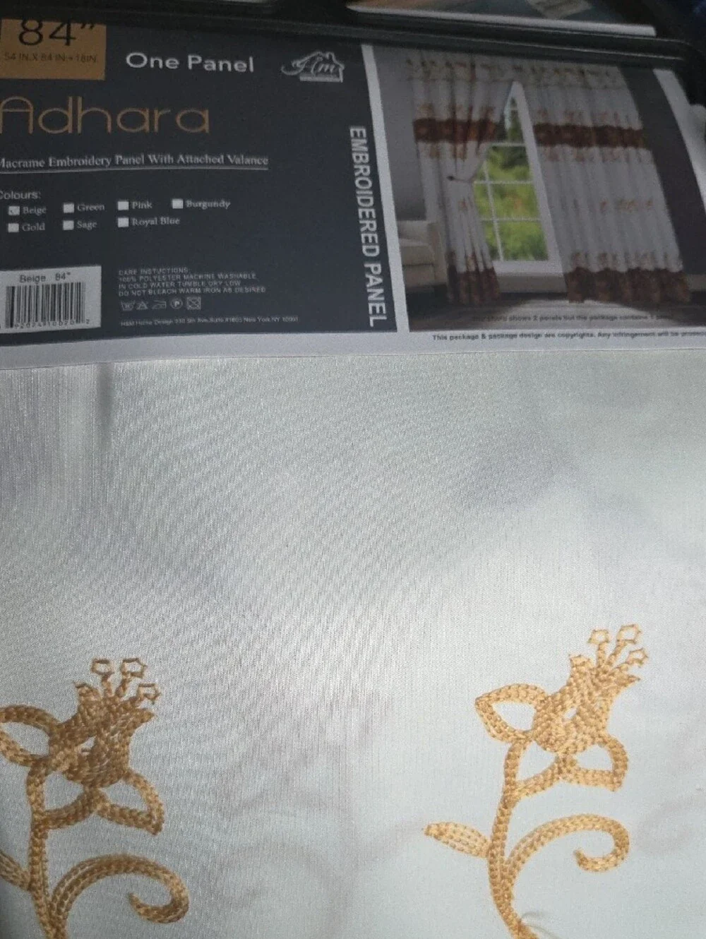 Embroidered Curtain Panel in Beige with Gold Accents
